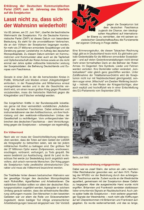 Flyer "Erklärung der DKP zum 85. Jahrestag des Überfalls auf die SU 100" Seite 1