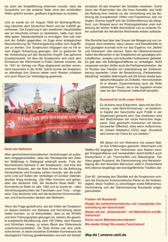 Flyer "Erklärung der DKP zum 85. Jahrestag des Überfalls auf die SU 100" Seite 2