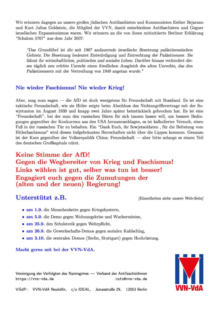 Flyer der VVN-VdA Neukölln Seite 1 (lade den Volltext über den PDF Downloadlink)